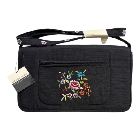 Liz Claiborne Handbags - Liz Claiborne Black Embroidered Floral Crossbody Bag Vintage New With Tags